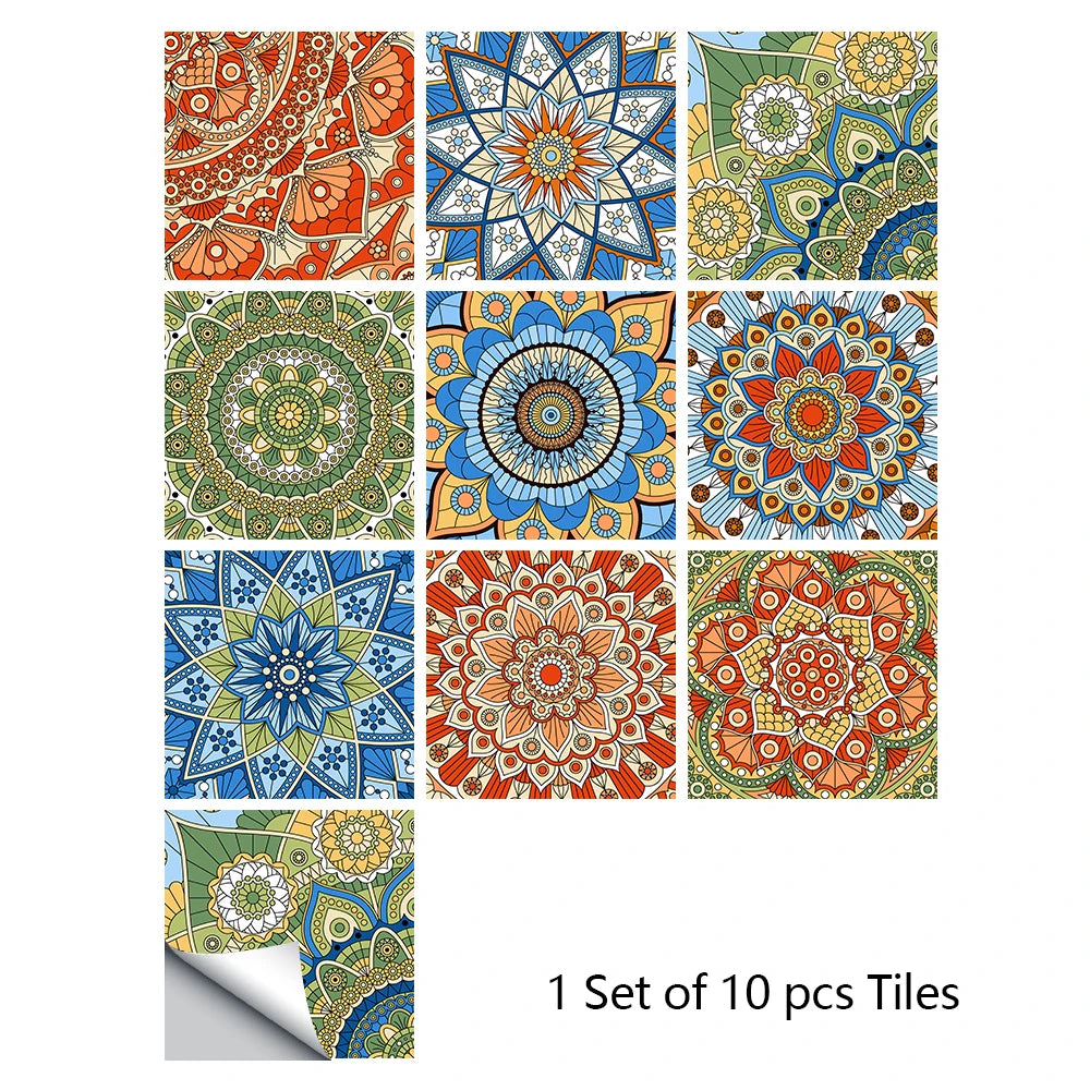 A set of ten colorful mandala tiles for decorative wall art