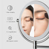 A wall-mounted LED makeup mirror showing features like clear imaging, 1:1 restoration, 5x magnification, and 360-degree rotat