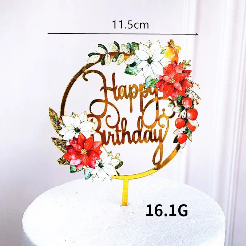 Rose gold acrylic happy birthday cake topper featuring floral wreath design