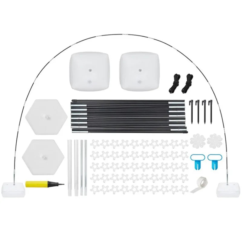 Reusable balloon arch kit showing white light bulbs, black rods, and various connectors for party decorations