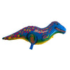 A blue foil balloon shaped like a dinosaur with colorful patterns, used as a party decoration.