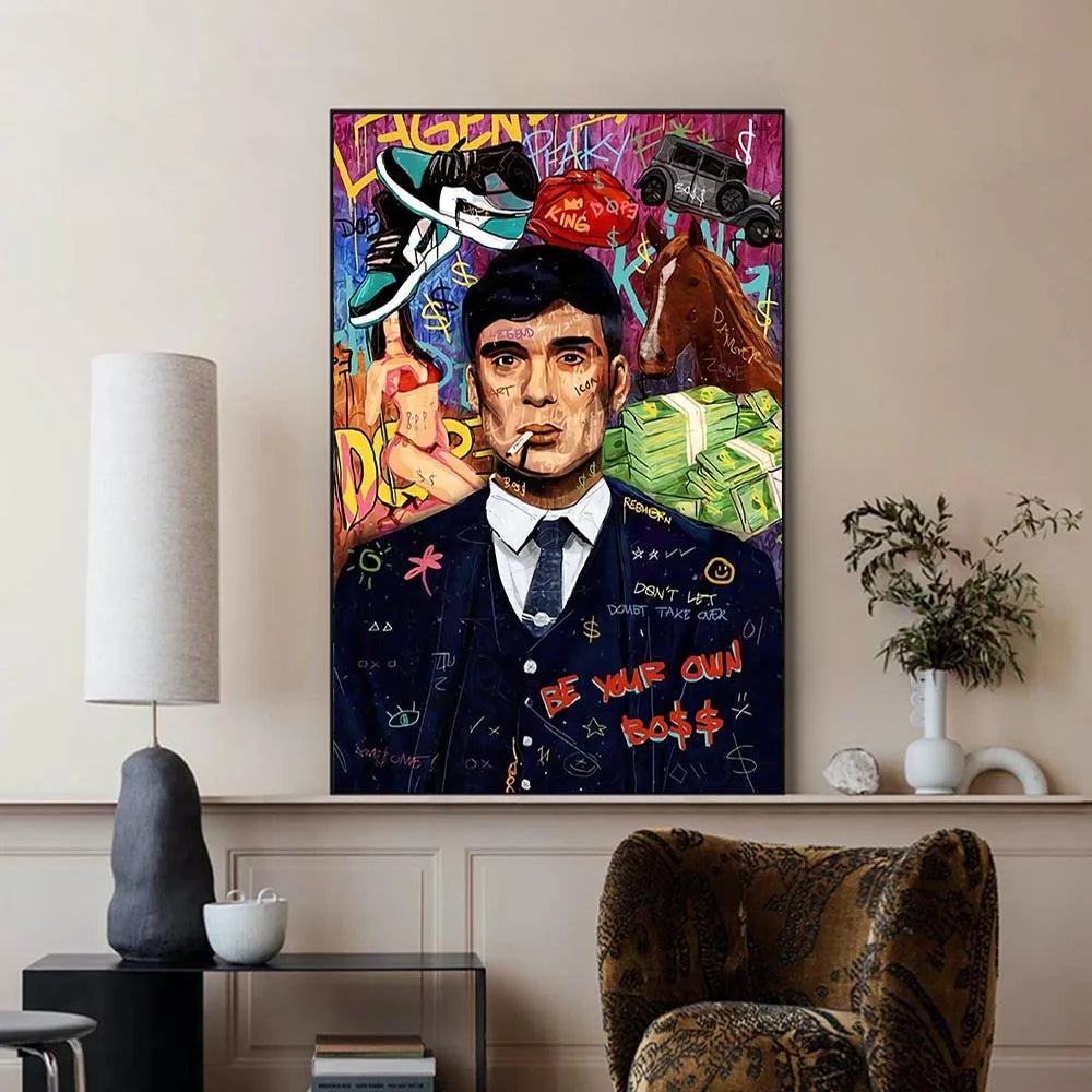 A vertical canvas print featuring a portrait of a man in graffiti style with vibrant colors and textures.