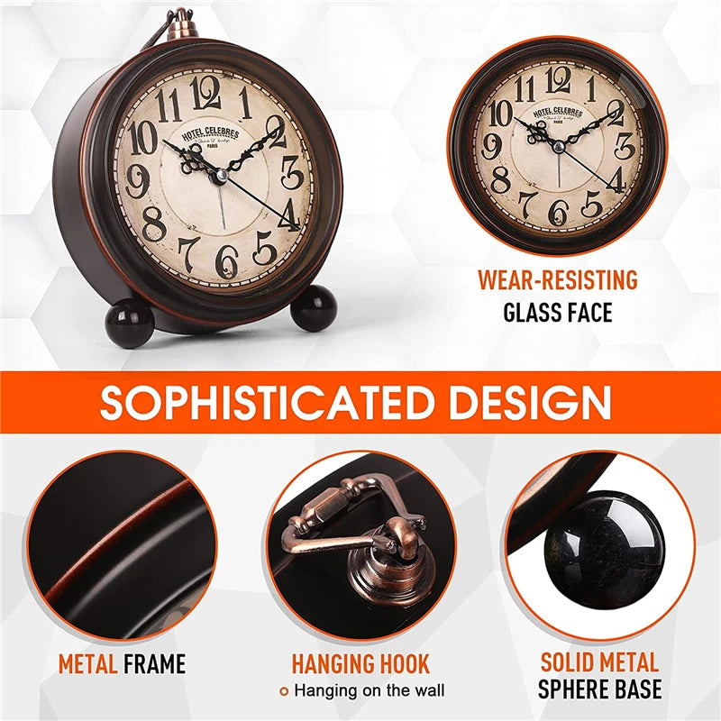 A vintage metal battery alarm clock with a glass face and solid metal sphere base shown in detail.