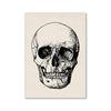 A black and white line drawing of a human skull on a beige canvas print.