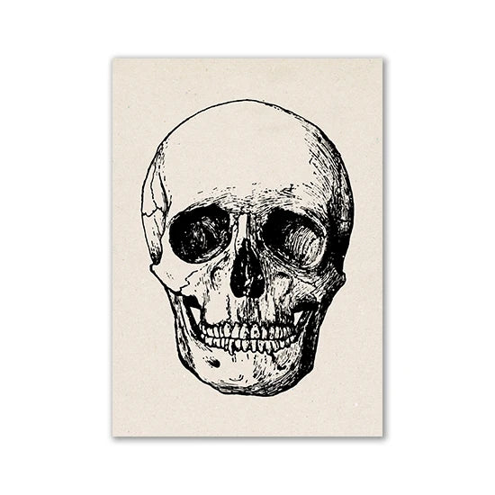 A black and white line drawing of a human skull on a beige canvas print.