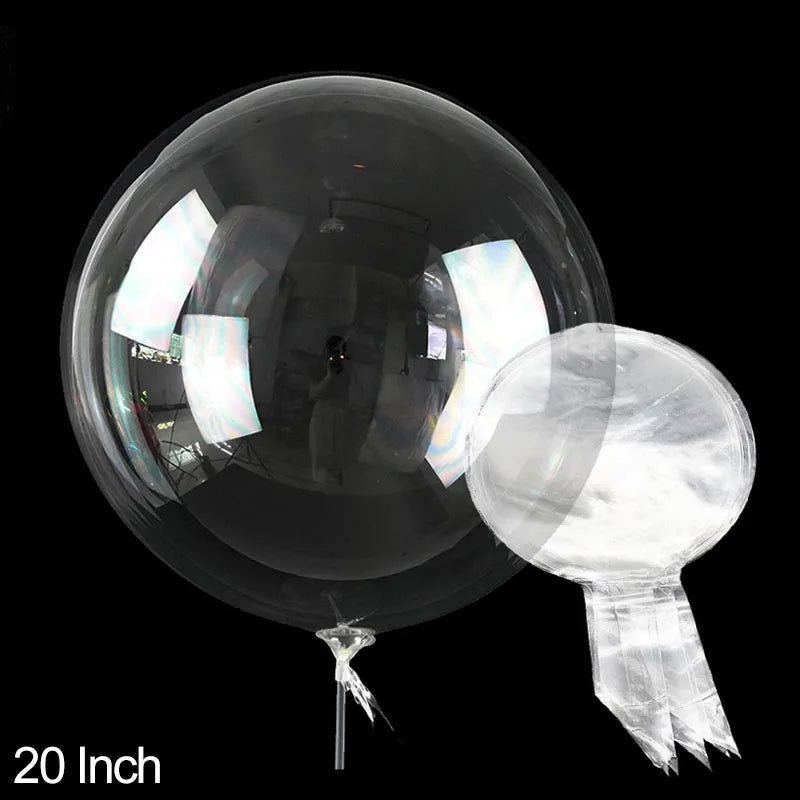 A clear PVC balloon is shown inflated inside a large, transparent balloon, with a small piece of the material dangling below.