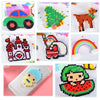 A collection of colorful fuse beads used for DIY crafting projects including a car, deer, castle, rainbow, and fruit design.