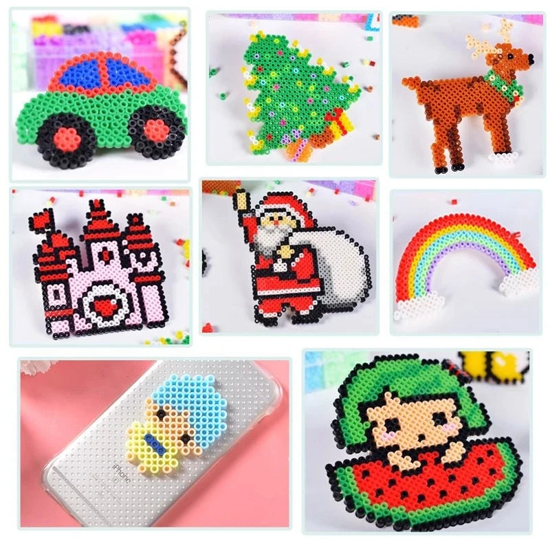 A collection of colorful fuse beads used for DIY crafting projects including a car, deer, castle, rainbow, and fruit design.