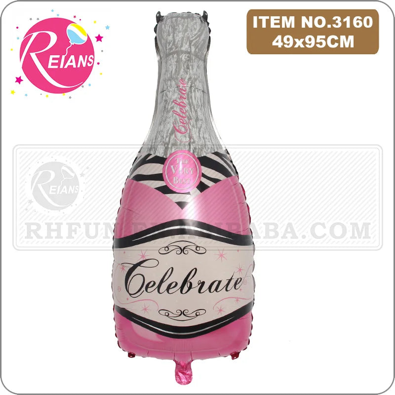 Pink and black foil champagne bottle balloons with a celebrate design