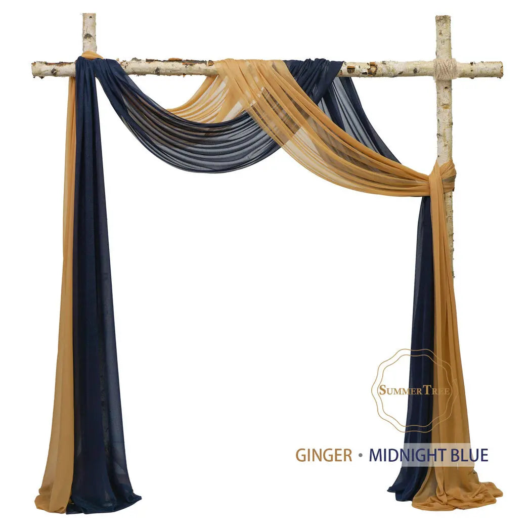 Elegant chiffon fabric drape in ginger and midnight blue colors used for a wedding arch backdrop.