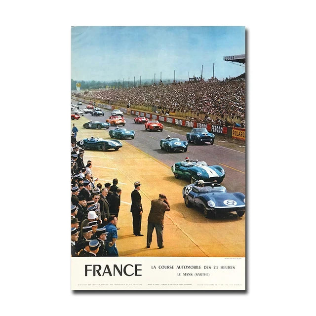 A vintage canvas poster depicting a crowded racetrack scene with race cars and spectators under a clear sky.