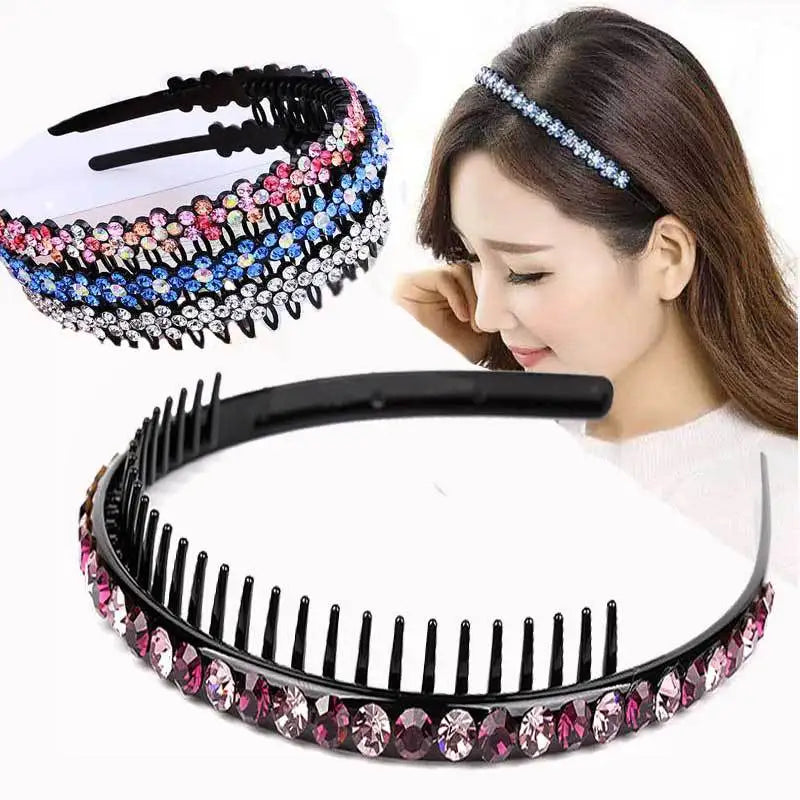 A woman is shown wearing a black crystal rhinestone headband for women.