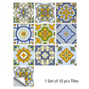 A set of ten decorative mandala tiles featuring intricate floral and geometric patterns in blue, yellow, and white.