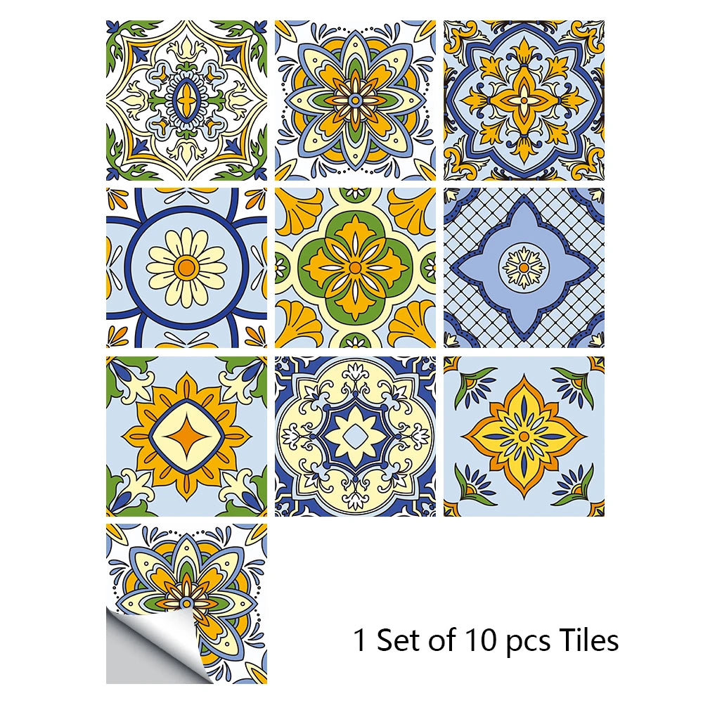 A set of ten decorative mandala tiles featuring intricate floral and geometric patterns in blue, yellow, and white.