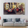 Vintage poster canvas wall art depicting a red classic racing F1 car and a driver in vintage racing gear.
