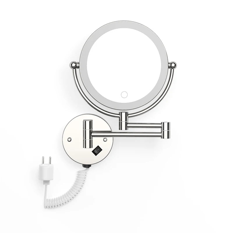 A round, wall-mounted LED makeup mirror with a magnifying feature and touch dimming control.