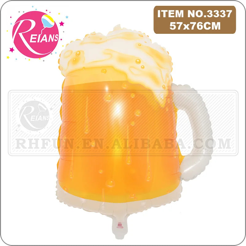 A glass beer mug filled with golden liquid and topped with foamy white head, used as a balloon decoration.