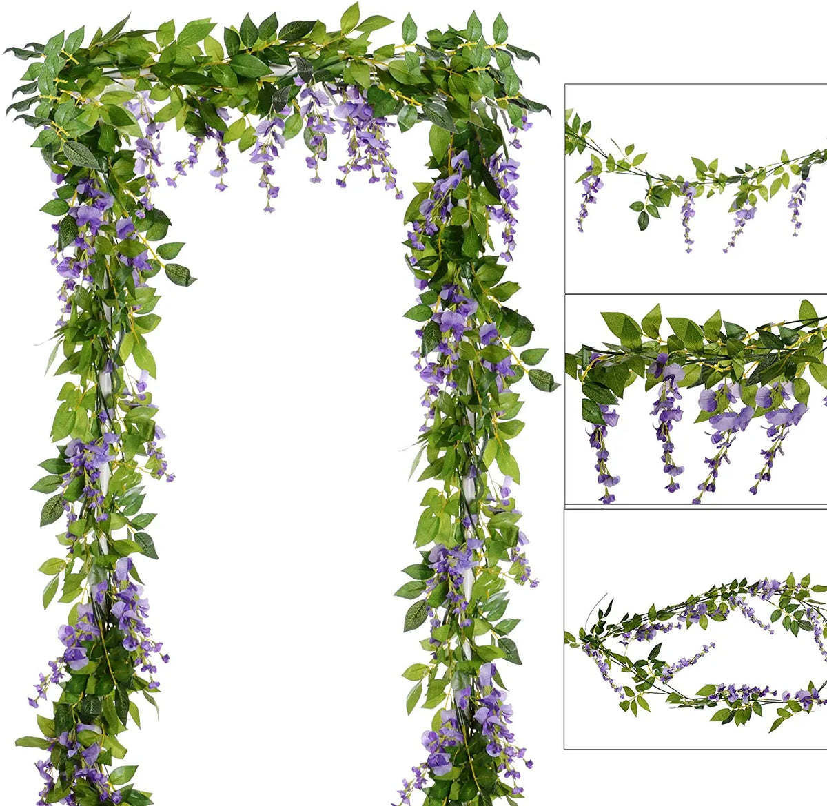 Green silk wisteria garland vine featuring purple flowers used for weddings and home decor