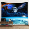 A tapestry depicting a vibrant night sky with a full moon and a spiral galaxy above a view of Earth's atmosphere.