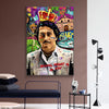 A vibrant canvas print featuring a portrait of a man surrounded by colorful graffiti and abstract elements.