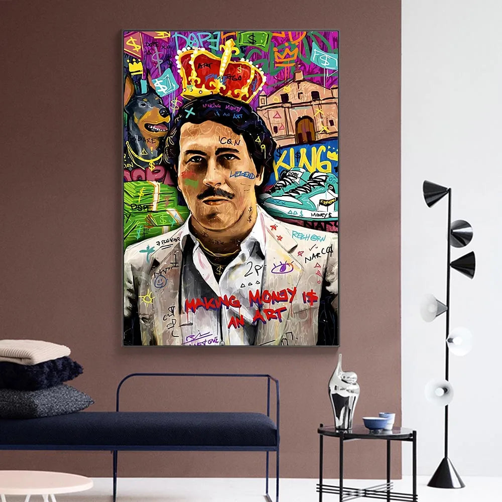 A vibrant canvas print featuring a portrait of a man surrounded by colorful graffiti and abstract elements.