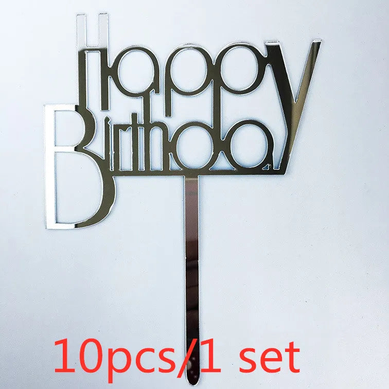 A set of ten gold acrylic love happy birthday cake toppers with a stick.