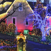 A house decorated with warm and cool colored LED string lights, including a brightly lit tree and surrounding shrubs.