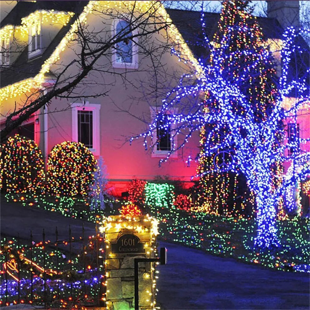 A house decorated with warm and cool colored LED string lights, including a brightly lit tree and surrounding shrubs.