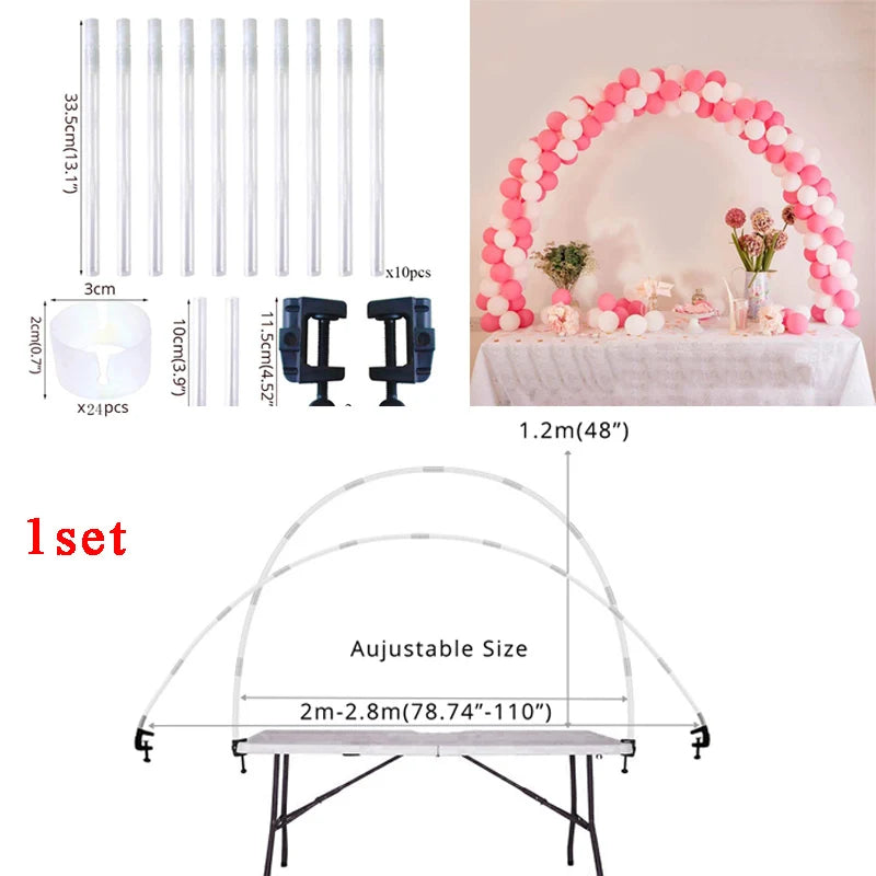 A set of clear plastic column stands and an adjustable balloon arch for decoration