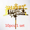 A set of ten gold acrylic birthday toppers featuring the words Happy Birthday to you and stars.