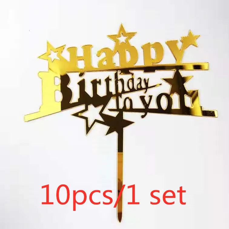 A set of ten gold acrylic birthday toppers featuring the words Happy Birthday to you and stars.