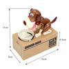 A brown robotic dog figurine is displayed inside a cardboard box, with dimensions provided.