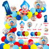 A colorful party balloon set featuring a cartoon clown theme with various sizes and colors.