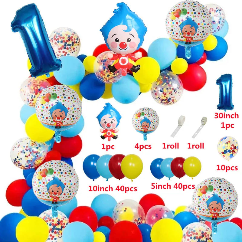 A colorful party balloon set featuring a cartoon clown theme with various sizes and colors.