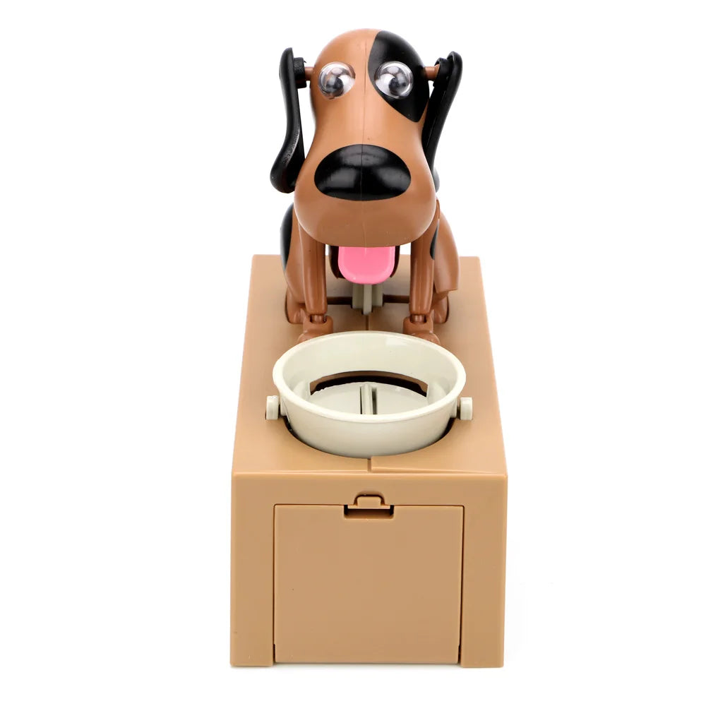 A robotic dog figurine is placed inside a piggy bank box.