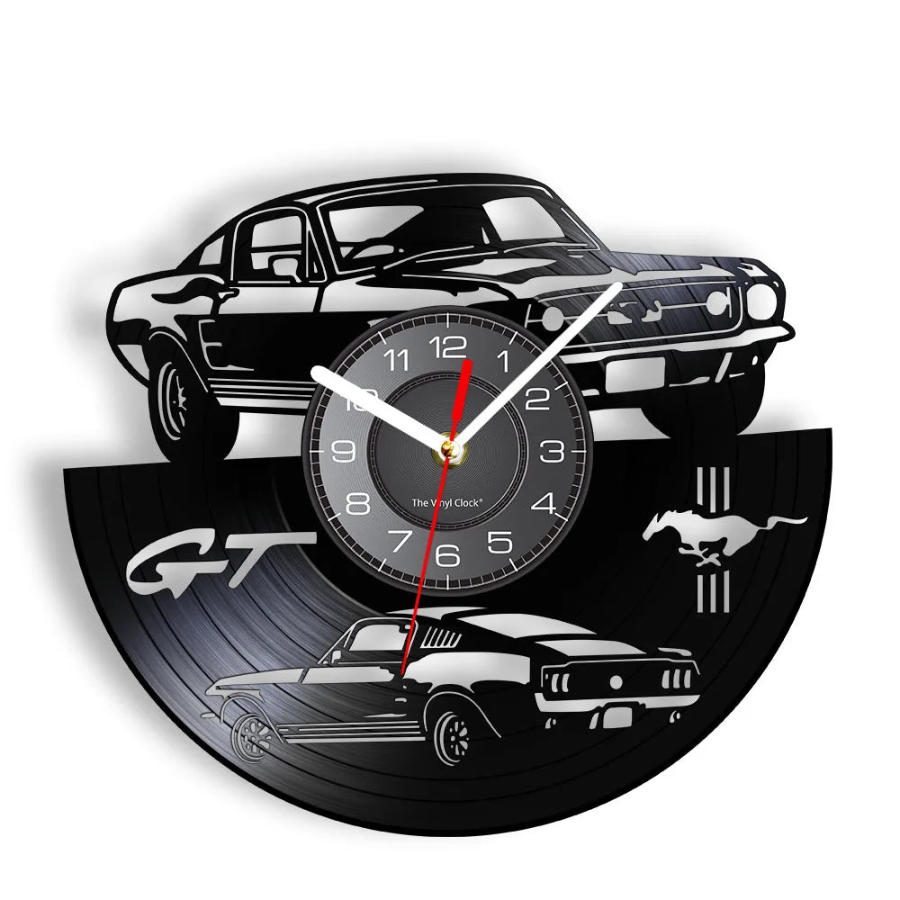 A wall clock featuring a black and white sports car design, including a GT logo and a detailed car illustration.