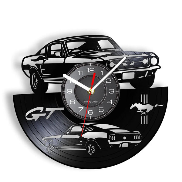 A wall clock featuring a black and white sports car design, including a GT logo and a detailed car illustration.