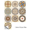 A set of ten decorative mandala tiles for peel and stick wall art