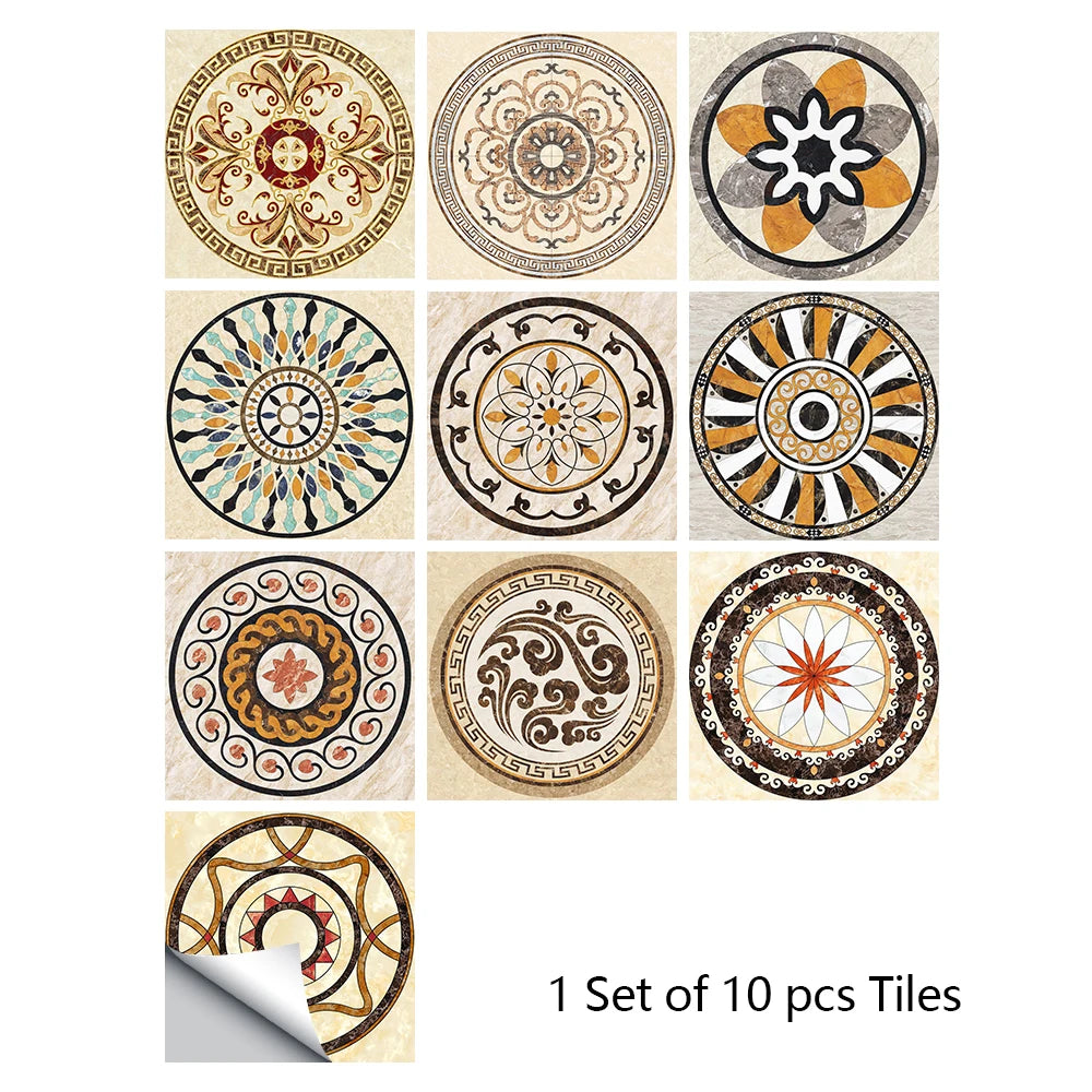 A set of ten decorative mandala tiles for peel and stick wall art