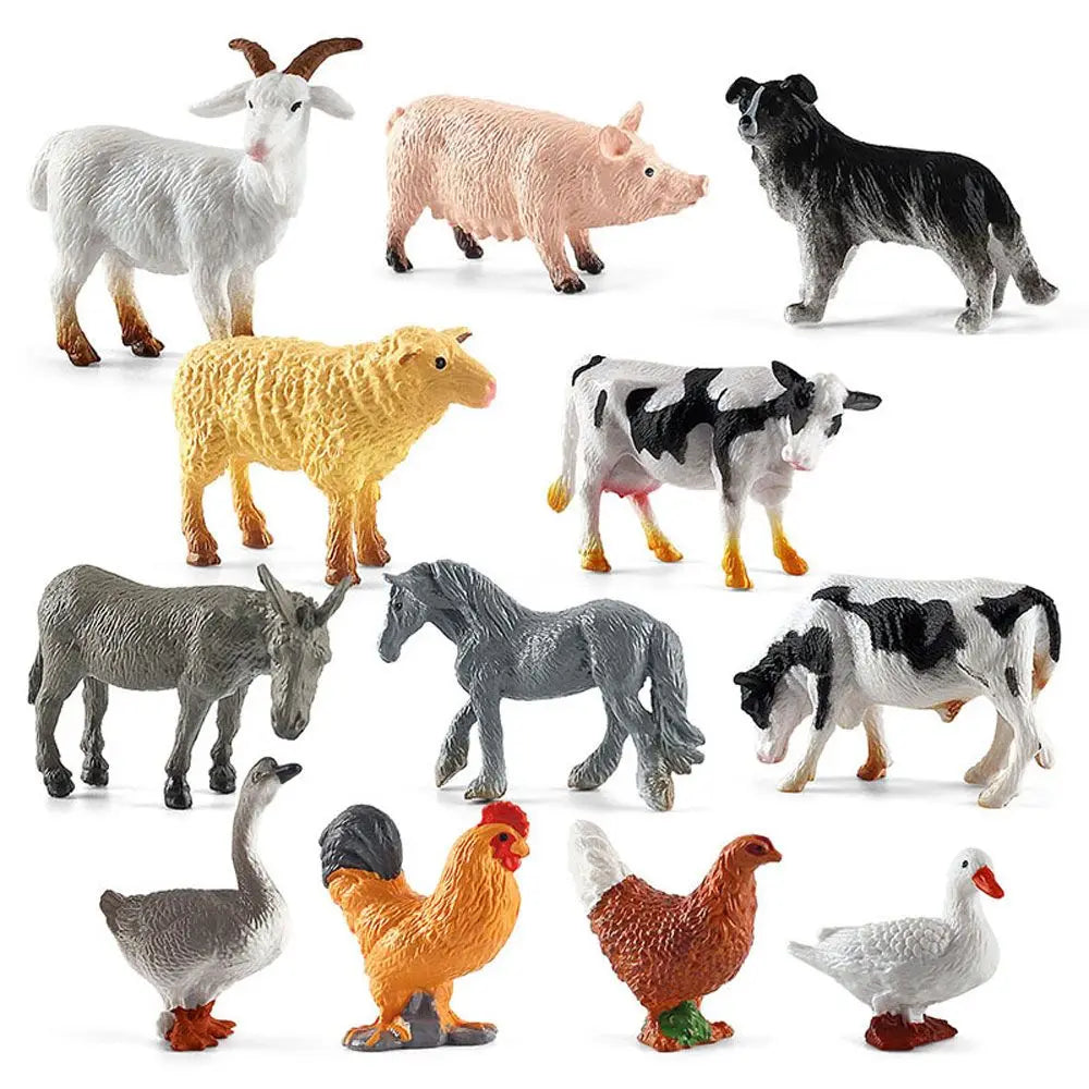 A collection of realistic farm animal figurines including a goat, pig, sheep, and various fowl.