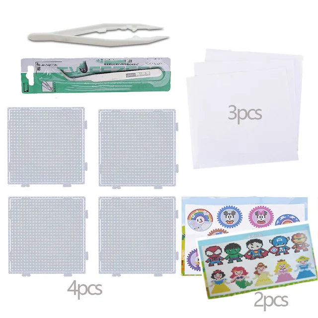 A craft kit containing fuse beads, a tool, and several sheets of white paper for DIY ironing projects.