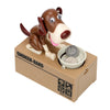 A brown robotic dog figurine is placed inside a cardboard box labeled CHOKEN-BAKO with a coin.