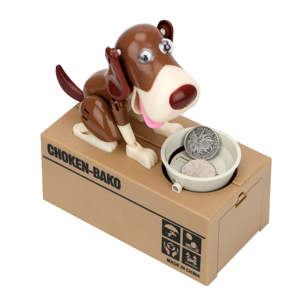 A brown robotic dog figurine is placed inside a cardboard box labeled CHOKEN-BAKO with a coin.
