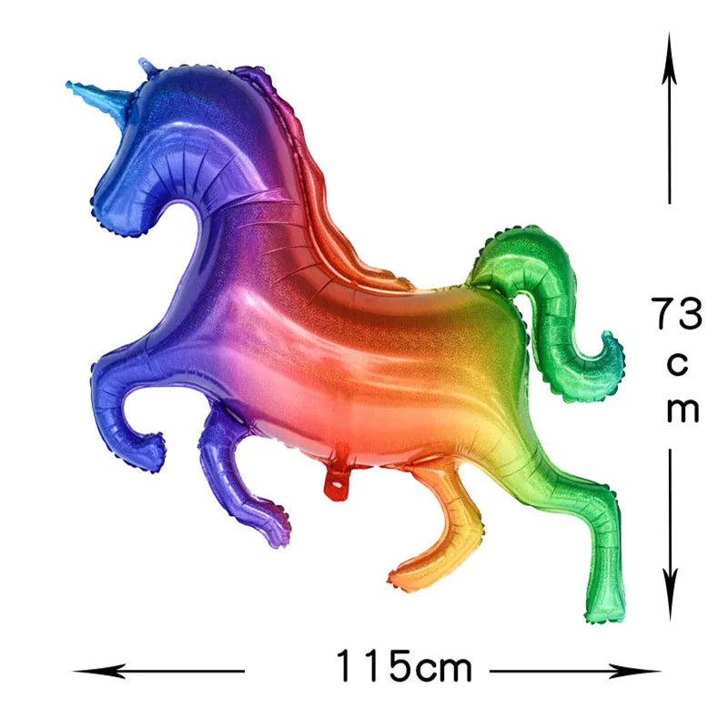 A long, iridescent, rainbow-colored balloon shaped like a horse for a baby shower or birthday party.