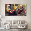 Vintage poster canvas wall art featuring a red classic racing F1 car with a driver in the cockpit.