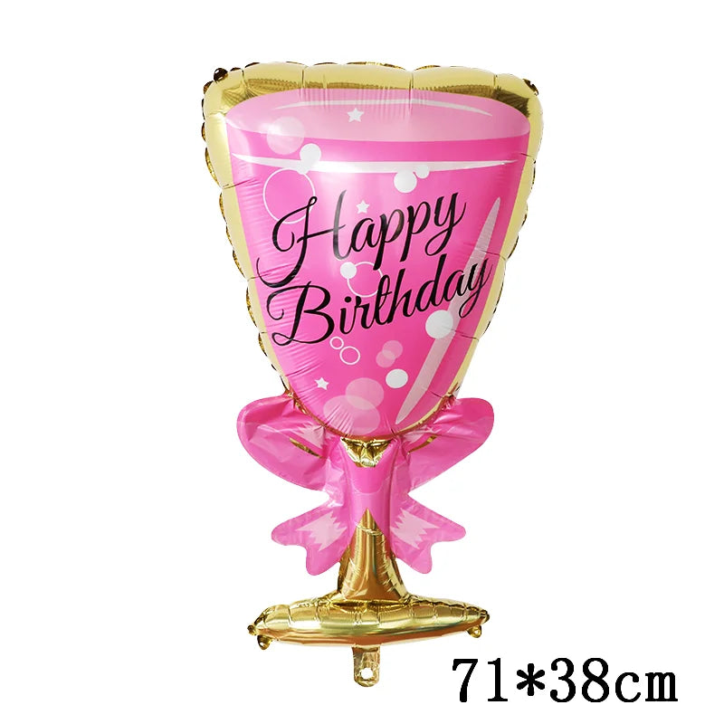 Globo de aluminio rosa en forma de sombrero de fiesta con texto 'Feliz Cumpleaños' y base dorada.