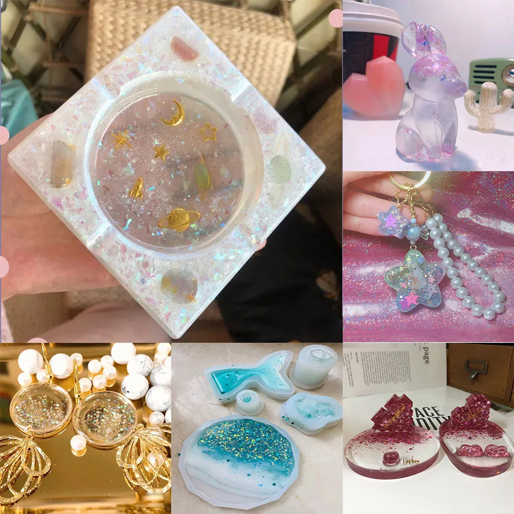 A collection of shiny gold foil flakes for resin art and jewelry making including glitter, pearls, and floral shapes.