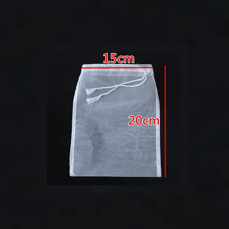A clear nylon mesh filter bag is shown with dimensions of 15cm by 20cm.