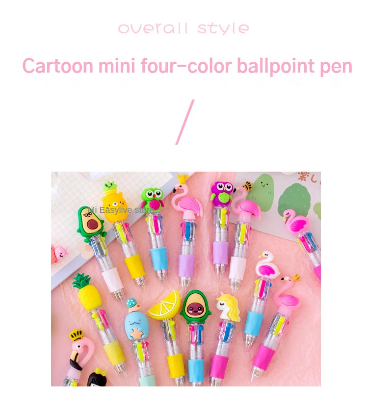 A set of five colorful cartoon mini ballpoint pens in various bright colors and designs.