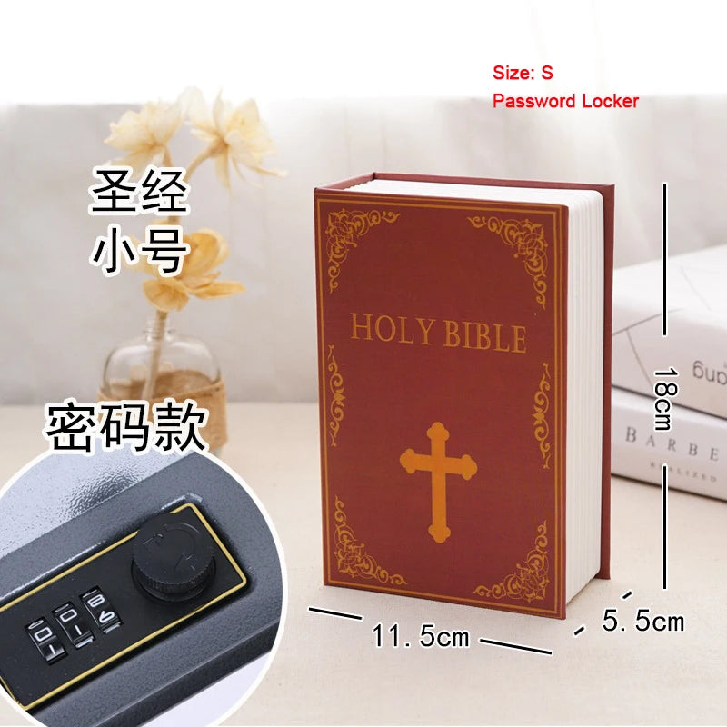A red hardcover Holy Bible book with a gold cross, shown next to a small flower and a lock box.